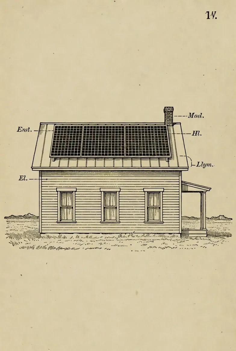 Technical elevation drawing of a modest home with rooftop solar panels