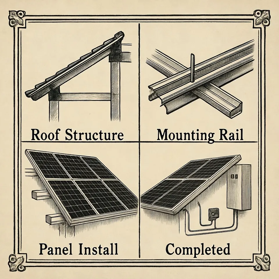 Four-quadrant Victorian plate showing installation process: roof structure, mounting rail, panel install, and completed system