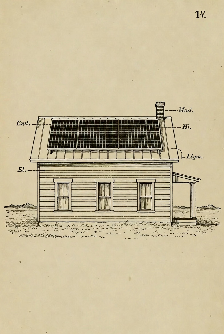 Technical elevation drawing of a modest home with rooftop solar panels