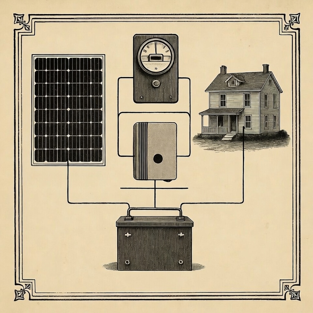 Victorian-style system diagram showing solar panel connected to meter, inverter, battery, and house